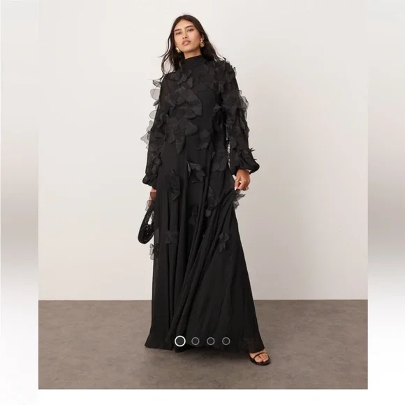 ISO: 👀ASOS EDITION applique allover floral tie neck trapeze maxi dress in black - Picture 1 of 2